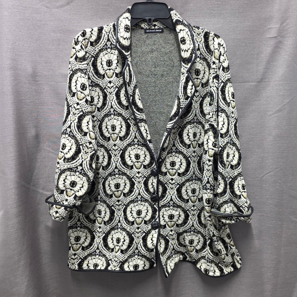 Michael Simon Womens Black Gold Metallic Damask Knit Cardigan Jacket Blazer